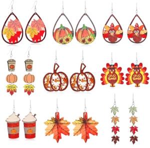 18 PCS Thanksgiving Fall Earrings for Women Autumn Earrings Pumpkin Maple Leaf Turkey Wooden Dangle Earring Holiday Jewelry