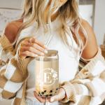 Frerdui Birthday Gifts for Women, Monogrammed Initial Glass Cup Personalized Gifts for Women, 16oz Glass Cups with Lids and Straws, Iced Coffee Cup, Beer Can Shaped - Gift for Christmas, Birthday, E