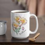 Personalized Name Coffee Mug 11oz 15oz, Custom Freesia Floral Themed Cup, Awesome Flower Accent Mug, Gifts for Sister On Occasion, Nature Inspired Ceramic Cup