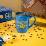 Bones Coffee Company Vault-Tec Coffee Mug Fallout Merch Handmade | Blue and Yellow | 14 oz Ceramic Mug Official Fallout Series Merchandise