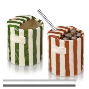 Ferrochef 2 Pack Striped Ceramic Coffee Mug Retro Hand Painted Porcelain Coffee Cup with Straws and Sip Hole 10oz Travel Mug for Kitchen Dining Milk Juice Latte Hot Cold Drinks (Green,Brown)