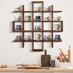 Suzile Oversize Tea Shelf Rustic Wooden Coffee Display Shelves Wooden Floating Curio Shelf Mounted Tea and Saucer Rack Holder for Kitchen Station Bar Accessories(Brown)