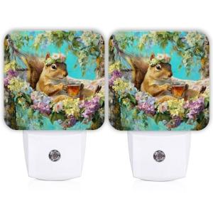 Squirrel Night Lights Plug Into Wall, Fanciful Nature-Inspired Flowers Tea Cup Spring Green Smart Outlet Plug in Led Night Light Lamp for Living Room Entryway Kitchen Decor 2pcs