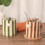 Ferrochef 2 Pack Striped Ceramic Coffee Mug Retro Hand Painted Porcelain Coffee Cup with Straws and Sip Hole 10oz Travel Mug for Kitchen Dining Milk Juice Latte Hot Cold Drinks (Green,Brown)