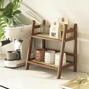 D-werack Narrow Mug Holder Countertop, 2 Tier Tea and Coffee Bar Station Organizer, Bamboo Matcha Stand, Cup Display Shelf, Condiment Storage Rack for Kitchen Counter Cabinet, Brown