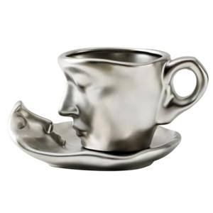 Auntzyj Abstract art teacup kissing lover stereo face sculpture coffee cup, 260ml large capacity ceramic coffee cup saucer (argent,8.8oz)