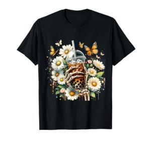 Iced Boba Tea Floral Skeleton Cup Flowers Womens Girls T-Shirt