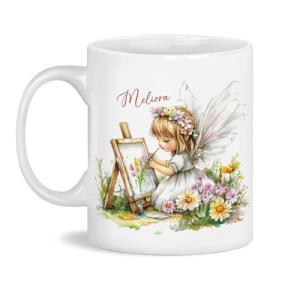 Customized Cute Angel Ceramic Mug, Personalized Name Cup With Angel Is Painting, Gift For Art Lovers, Flower Garden Scene Coffee Mug, Custom Nature Inspired White Cup 11oz 15oz