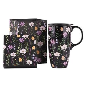 Topadorn Ceramic Coffee Mug Travel Cup Gift with Lid 17oz., Porcelain Tall Tea Cup with Handle for Home & Office, Black Flowers Art Pattern Mug with Gift Box, 6.5''H