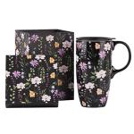 Topadorn Ceramic Coffee Mug Travel Cup Gift with Lid 17oz., Porcelain Tall Tea Cup with Handle for Home & Office, Black Flowers Art Pattern Mug with Gift Box, 6.5''H
