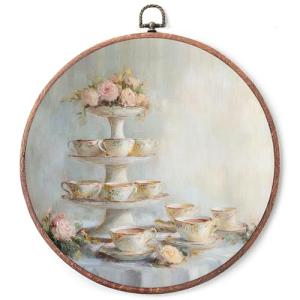IDUXIY Vintage Tea Cup Wall Art Decor, Roses & Afternoon Tea Scene Canvas Print Round Wall Hanging Decor, Framed, 10x10 Inch.(008)