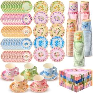 Nuogo 300 Pcs Disposable Tea Party Supplies Vintage Floral Paper Tea Cups with Handle and Plates Napkins Tea Cup and Saucer Set for Birthday Baby Shower Bridal Wedding Mother's Day, Serve 100 Guest