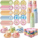 Nuogo 300 Pcs Disposable Tea Party Supplies Vintage Floral Paper Tea Cups with Handle and Plates Napkins Tea Cup and Saucer Set for Birthday Baby Shower Bridal Wedding Mother's Day, Serve 100 Guest