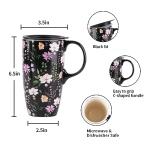 Topadorn Ceramic Coffee Mug Travel Cup Gift with Lid 17oz., Porcelain Tall Tea Cup with Handle for Home & Office, Black Flowers Art Pattern Mug with Gift Box, 6.5''H