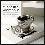 Auntzyj Abstract art teacup kissing lover stereo face sculpture coffee cup, 260ml large capacity ceramic coffee cup saucer (argent,8.8oz)