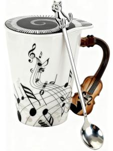 Violin Novelty Mug Unique Musical Gift Ceramic Tea Coffee Cup with Cool Music Themed Lid and Spoon,Birthday Holiday Gift for Musician,Women,Men,Teacher