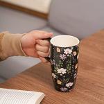 Topadorn Ceramic Coffee Mug Travel Cup Gift with Lid 17oz., Porcelain Tall Tea Cup with Handle for Home & Office, Black Flowers Art Pattern Mug with Gift Box, 6.5''H