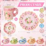 Nuogo 300 Pcs Disposable Tea Party Supplies Vintage Floral Paper Tea Cups with Handle and Plates Napkins Tea Cup and Saucer Set for Birthday Baby Shower Bridal Wedding Mother's Day, Serve 100 Guest