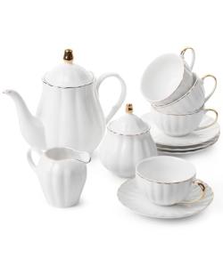 BTaT- Classic tea set, 13 pcs, Tea Cups (7oz), Tea Pot with Stainless Steel Infuser (32oz), Creamer and Sugar Set, Porcelain Tea Set, White Tea Set, Tea Pot Sets with Cups