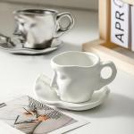 Auntzyj Abstract art teacup kissing lover stereo face sculpture coffee cup, 260ml large capacity ceramic coffee cup saucer (argent,8.8oz)