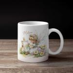 Customized Cute Angel Ceramic Mug, Personalized Name Cup With Angel Is Painting, Gift For Art Lovers, Flower Garden Scene Coffee Mug, Custom Nature Inspired White Cup 11oz 15oz