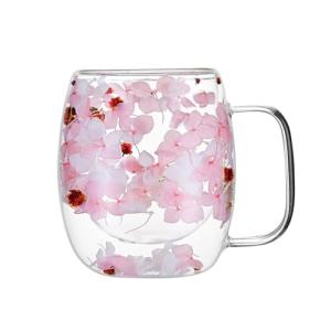 Real Flowers Inside Clear Glass Tea Cup, Double Wall Borosilicate Coffee Mug for Latte Cappuccino, Cute Aesthetic Floral Glassware, Romantic Gifts for Her Girlfriend Sister