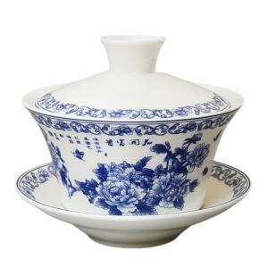 WEOPYCJ Chinese Tea Cup, Porcelain Traditional Classic Teacup with Lid and Saucer, White Glazed Sancai Covered Blwl Kungfu Gaiwan 6.8oz (Blue)