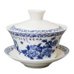 WEOPYCJ Chinese Tea Cup, Porcelain Traditional Classic Teacup with Lid and Saucer, White Glazed Sancai Covered Blwl Kungfu Gaiwan 6.8oz (Blue)