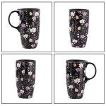 Topadorn Ceramic Coffee Mug Travel Cup Gift with Lid 17oz., Porcelain Tall Tea Cup with Handle for Home & Office, Black Flowers Art Pattern Mug with Gift Box, 6.5''H
