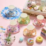 Nuogo 300 Pcs Disposable Tea Party Supplies Vintage Floral Paper Tea Cups with Handle and Plates Napkins Tea Cup and Saucer Set for Birthday Baby Shower Bridal Wedding Mother's Day, Serve 100 Guest