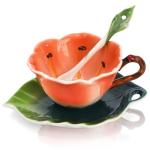 Cididu Flower Tea Cup and Saucer, 6 Oz Ceramic Coffee Mug with Spoon, 3D Handmade Vintage Drinking Cups, 3 Pieces Orange Teaware Mug for Women, Christmas Birthday Gift Party (Floral and Leaf)