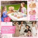 Nuogo 300 Pcs Disposable Tea Party Supplies Vintage Floral Paper Tea Cups with Handle and Plates Napkins Tea Cup and Saucer Set for Birthday Baby Shower Bridal Wedding Mother's Day, Serve 100 Guest