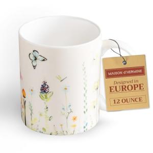 Maison d' Hermine Coffee Mug with Handles Fine Bone China Mugs Pack of One Tea Cups for Hot Beverages Cappuccino Latte Home Restaurant Office Easter Gifts (Botanical Fresh - Meadow, 12 Ounce)