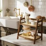 D-werack Narrow Mug Holder Countertop, 2 Tier Tea and Coffee Bar Station Organizer, Bamboo Matcha Stand, Cup Display Shelf, Condiment Storage Rack for Kitchen Counter Cabinet, Brown