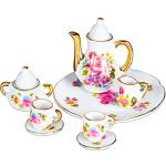 Skylety Dollhouse Tea Cup Set 1:12 Miniature Porcelain Accessories 8 Pcs Miniature Porcelain Mini Flower Pattern Teapot Cup Plates Set for Dollhouse Kitchen Supplies