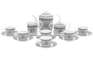 Porcelain Tea Set 17 Piece - Service for 6 - Gorgeous Design with Hand Painted Silver Detailing - Tea Sets For Adults - Includes Teapot, Cups, Saucers, Sugar Bowl, Creamer (17 Piece Set)