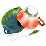 Cididu Flower Tea Cup and Saucer, 6 Oz Ceramic Coffee Mug with Spoon, 3D Handmade Vintage Drinking Cups, 3 Pieces Orange Teaware Mug for Women, Christmas Birthday Gift Party (Floral and Leaf)