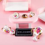 Skylety Dollhouse Tea Cup Set 1:12 Miniature Porcelain Accessories 8 Pcs Miniature Porcelain Mini Flower Pattern Teapot Cup Plates Set for Dollhouse Kitchen Supplies