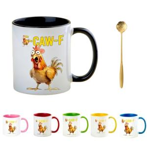 LZDDYWPH F-Caw-F Coffee Mug, Funny Chicken Mug-11oz Ceramic Colorful Cup with Colored Handle, Farm Animal Theme, Gift for Chicken Lovers (Black)