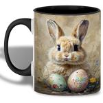 Easter Bunny with Painted Eggs Mug, 11oz Ceramic Coffee Cup, Spring Animal Theme Tea Cup, Rustic Farm Style Drinkware, Floral Holiday Home Decor Gift