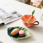 Cididu Flower Tea Cup and Saucer, 6 Oz Ceramic Coffee Mug with Spoon, 3D Handmade Vintage Drinking Cups, 3 Pieces Orange Teaware Mug for Women, Christmas Birthday Gift Party (Floral and Leaf)