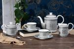 Porcelain Tea Set 17 Piece - Service for 6 - Gorgeous Design with Hand Painted Silver Detailing - Tea Sets For Adults - Includes Teapot, Cups, Saucers, Sugar Bowl, Creamer (17 Piece Set)