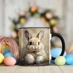 Easter Bunny with Painted Eggs Mug, 11oz Ceramic Coffee Cup, Spring Animal Theme Tea Cup, Rustic Farm Style Drinkware, Floral Holiday Home Decor Gift