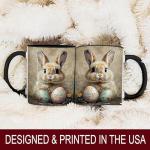 Easter Bunny with Painted Eggs Mug, 11oz Ceramic Coffee Cup, Spring Animal Theme Tea Cup, Rustic Farm Style Drinkware, Floral Holiday Home Decor Gift