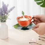Cididu Flower Tea Cup and Saucer, 6 Oz Ceramic Coffee Mug with Spoon, 3D Handmade Vintage Drinking Cups, 3 Pieces Orange Teaware Mug for Women, Christmas Birthday Gift Party (Floral and Leaf)