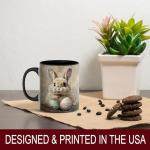 Easter Bunny with Painted Eggs Mug, 11oz Ceramic Coffee Cup, Spring Animal Theme Tea Cup, Rustic Farm Style Drinkware, Floral Holiday Home Decor Gift