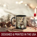 Easter Bunny with Painted Eggs Mug, 11oz Ceramic Coffee Cup, Spring Animal Theme Tea Cup, Rustic Farm Style Drinkware, Floral Holiday Home Decor Gift