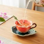 Cididu Flower Tea Cup and Saucer, 6 Oz Ceramic Coffee Mug with Spoon, 3D Handmade Vintage Drinking Cups, 3 Pieces Orange Teaware Mug for Women, Christmas Birthday Gift Party (Floral and Leaf)