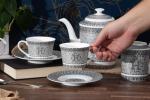 Porcelain Tea Set 17 Piece - Service for 6 - Gorgeous Design with Hand Painted Silver Detailing - Tea Sets For Adults - Includes Teapot, Cups, Saucers, Sugar Bowl, Creamer (17 Piece Set)