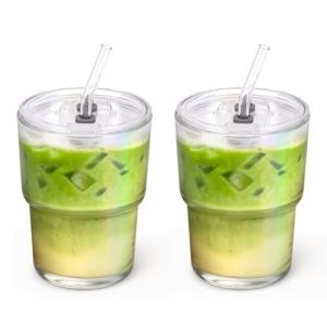 Cafezi 13 oz Glass Tumbler with Glass Straw and Lid, Leak-Proof Reusable Travel Cup for Iced Coffee, Tea, Matcha, Fruit Juice – Thick Wall Clear Water Bottle (Iridescent Shimmer, 2 Pack)